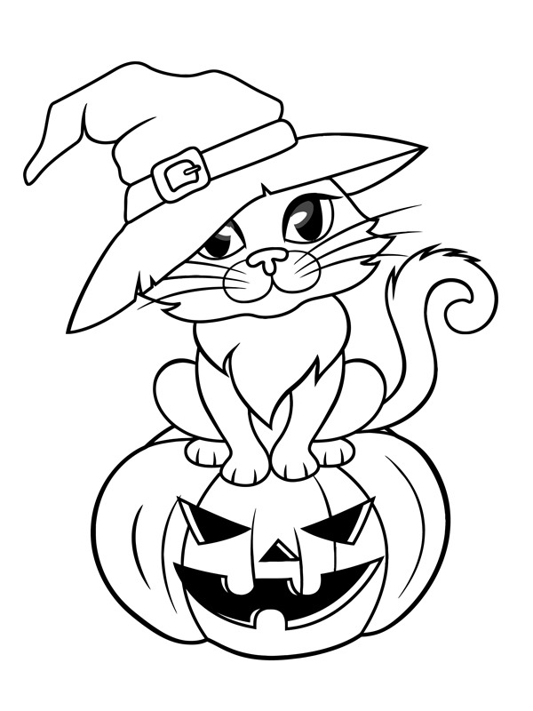 Halloween katt med heksehatt Fargeleggingsside Halloween katt med heksehatt Fargeleggingsside
