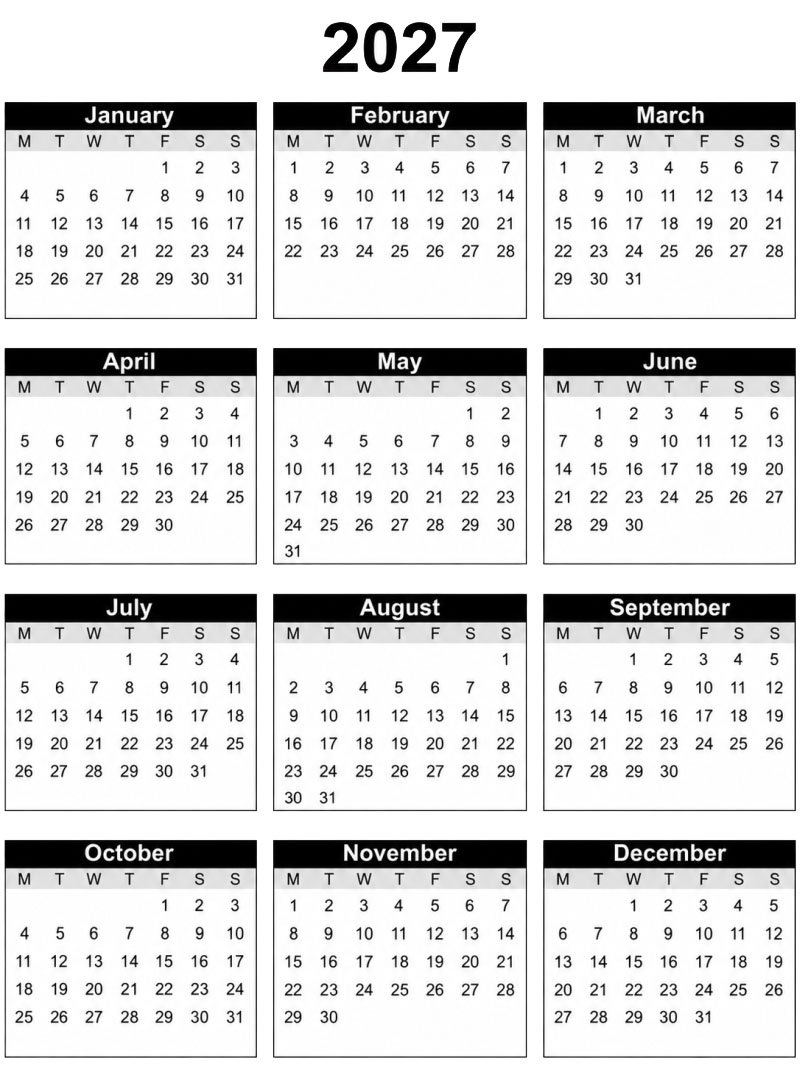 Årskalender 2027 Fargeleggingsside Årskalender 2027 Fargeleggingsside