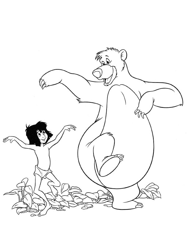 Mowgli og bjørnen Baloo danser Fargeleggingsside Mowgli og bjørnen Baloo danser Fargeleggingsside