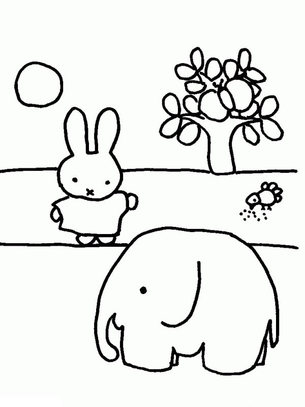 Miffy med en elefant Fargeleggingsside Miffy med en elefant Fargeleggingsside
