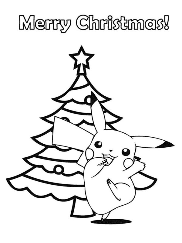 Pikachu ved juletre Fargeleggingsside Pikachu ved juletre Fargeleggingsside