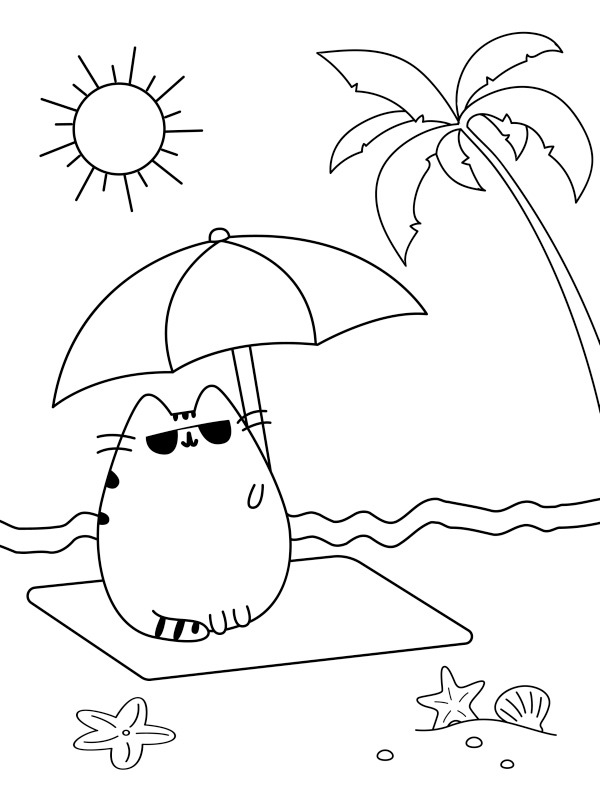 Pusheen på stranden Fargeleggingsside Pusheen på stranden Fargeleggingsside