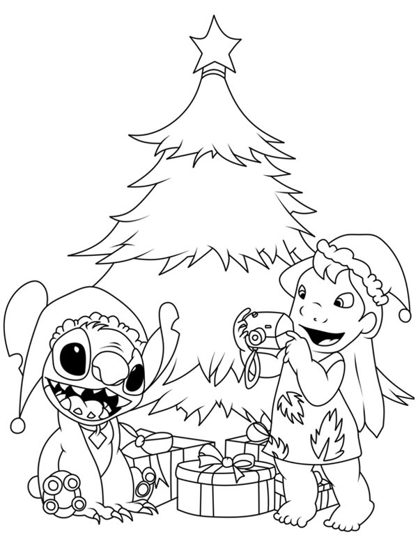 Stitch og Lilo ved juletreet Fargeleggingsside